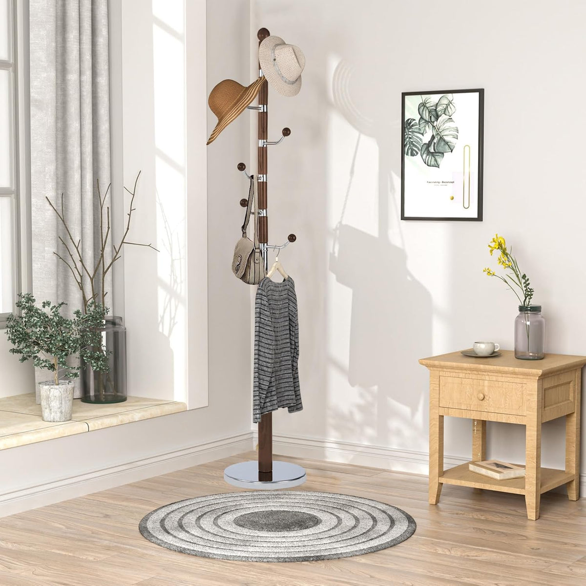 Wooden Coat rack freestanding, Coat racks stand with 6 Hook, Heavy duty coat tree standing Adjustable Heights for Bedroom, Entryway, Hallway, Office, Metal Base (Walnut)