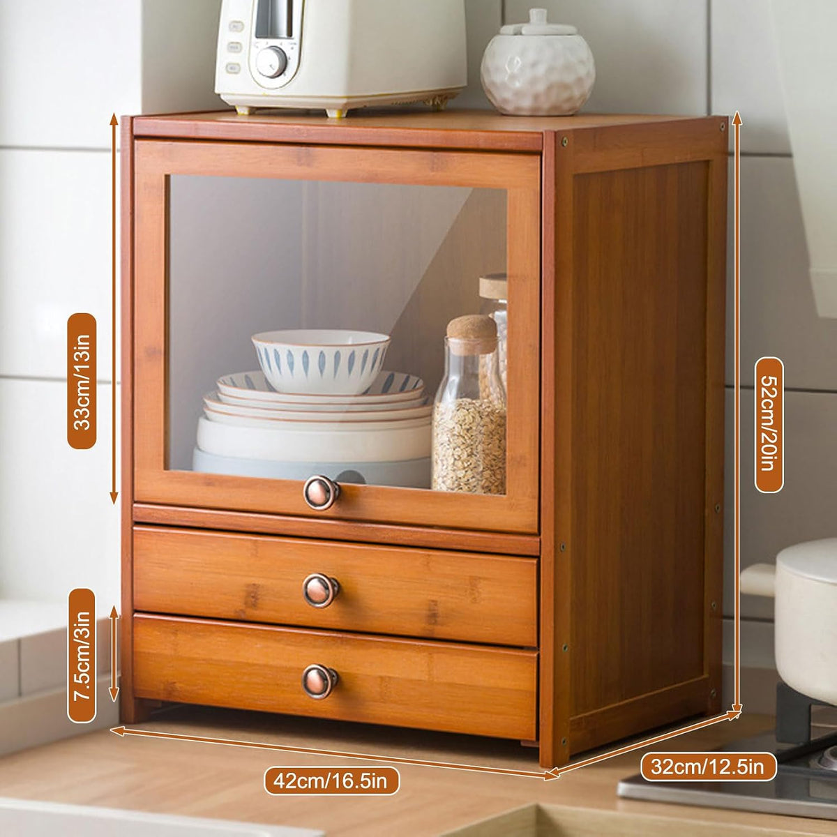 Storage Cabinet for Kitchen, Countertop Small Bamboo Kitchen Pantry Sideboard, with Flip-Top Door and Drawer, Use for Spice Seasoning Bottles, Cups Storage Cabinet,42×52cm/16.5×20in