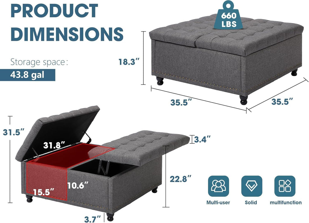 36' Large Square Ottoman with Storage, Tufted Upholstered Storage Ottoman with Lift Top & Solid Legs for Bedroom Room, Extra Large Coffee Tables Bench for Living Room as Footstool (Grey)