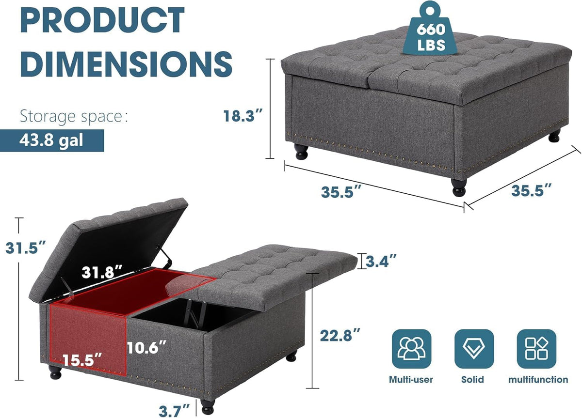 36' Large Square Ottoman with Storage, Tufted Upholstered Storage Ottoman with Lift Top & Solid Legs for Bedroom Room, Extra Large Coffee Tables Bench for Living Room as Footstool (Grey)