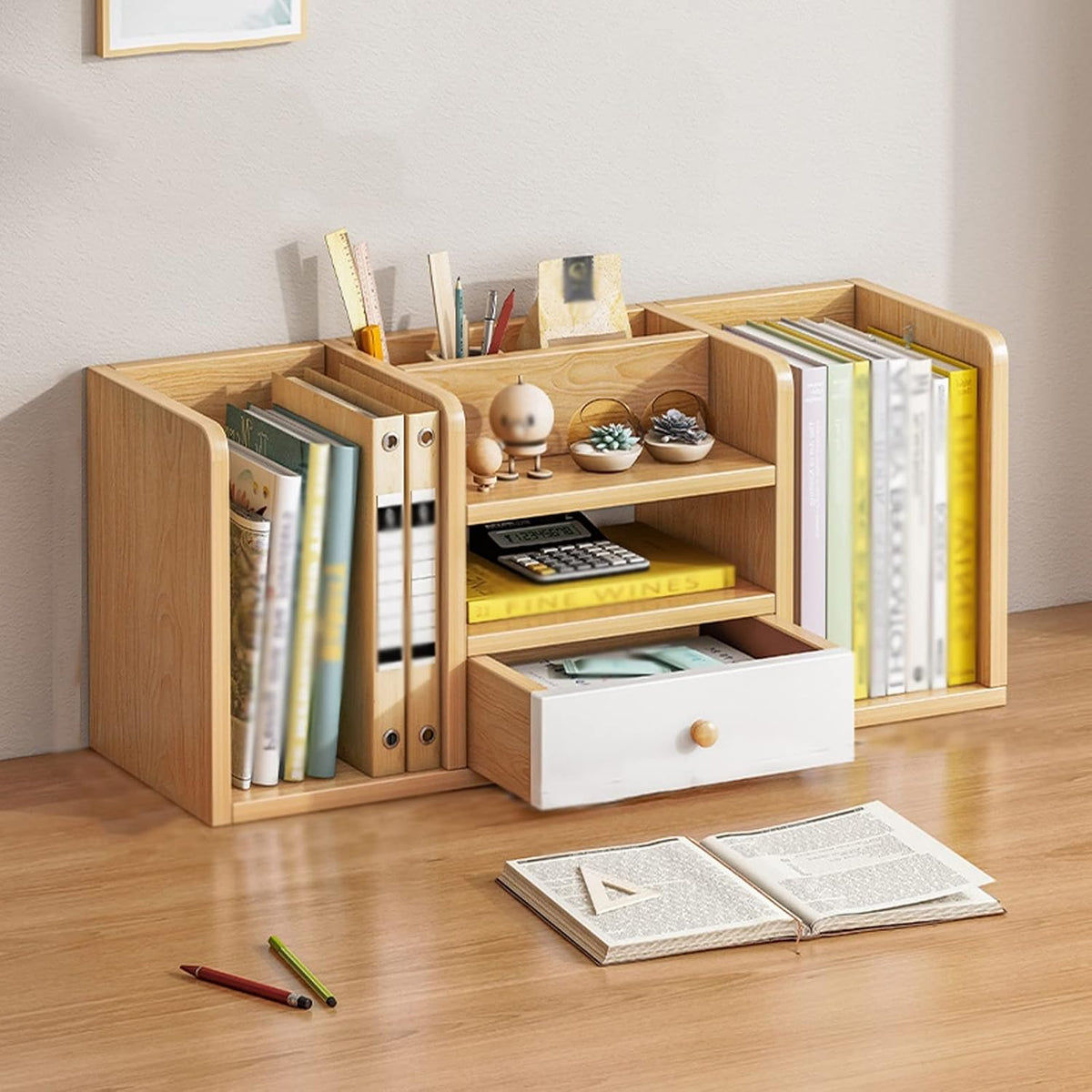 CLoxks Bookcase Bookshelf Desktop Wood Bookshelf with 1 Small Drawers, Desk Organizer Shelf and Display Rack, Storage Shelf Bookcase for Office, Home Decor, Kitchen Countertop Bookshelf Organizer
