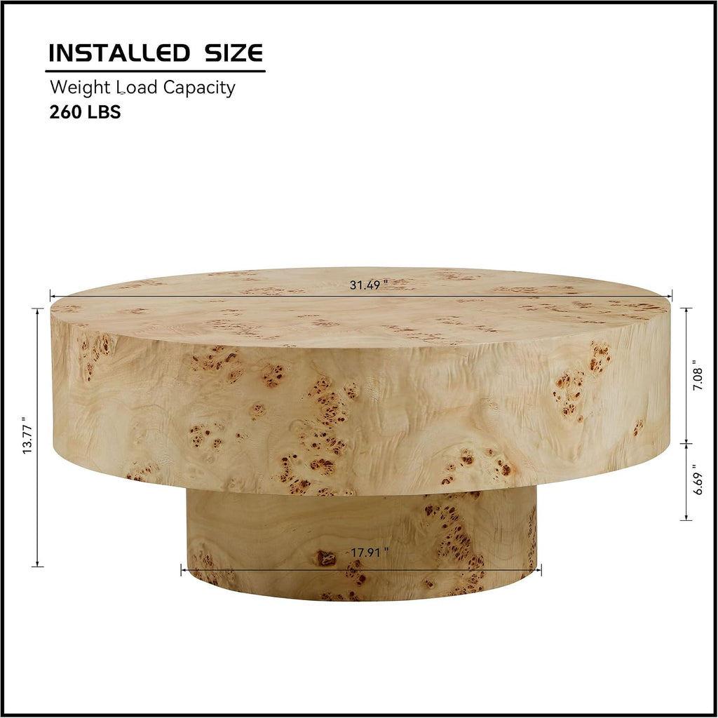 31.49' Round Coffee Table with Burl Wood Veneer & Sturdy Pedestal, Modern Luxury Circle Drum Center Table, Accent Side Table End Table for Living Room Apartment, Natural