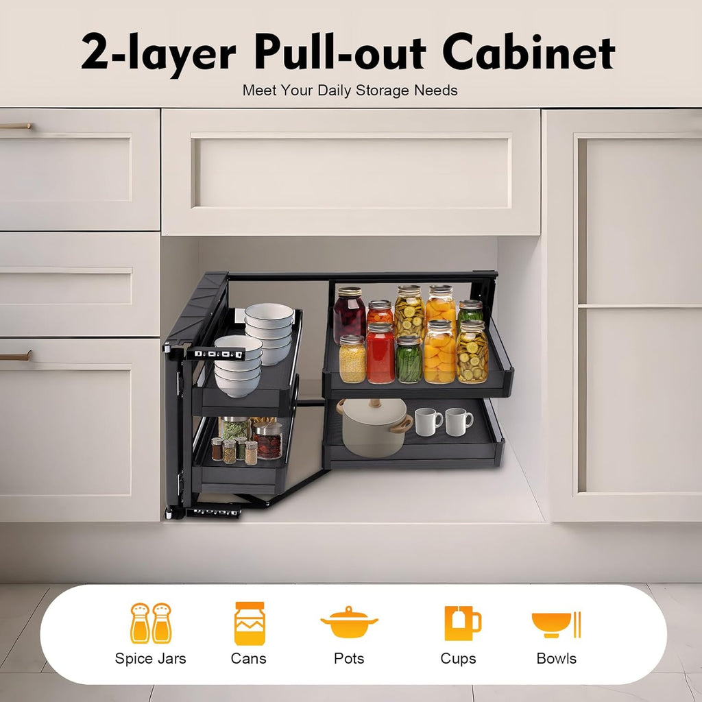Blind Corner Cabinet Pull Out Organizer 2 Tier with 4 Detachable Shelves Magic Pull Out Deep Corner Cabinet Organizer Narrow Blind Cabinet Pull Out (Aluminum, Left/Right Open)