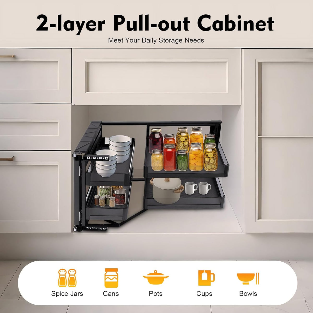 Blind Corner Cabinet Pull Out Organizer 2 Tier with 4 Detachable Shelves Magic Pull Out Deep Corner Cabinet Organizer Narrow Blind Cabinet Pull Out (Aluminum, Left/Right Open)