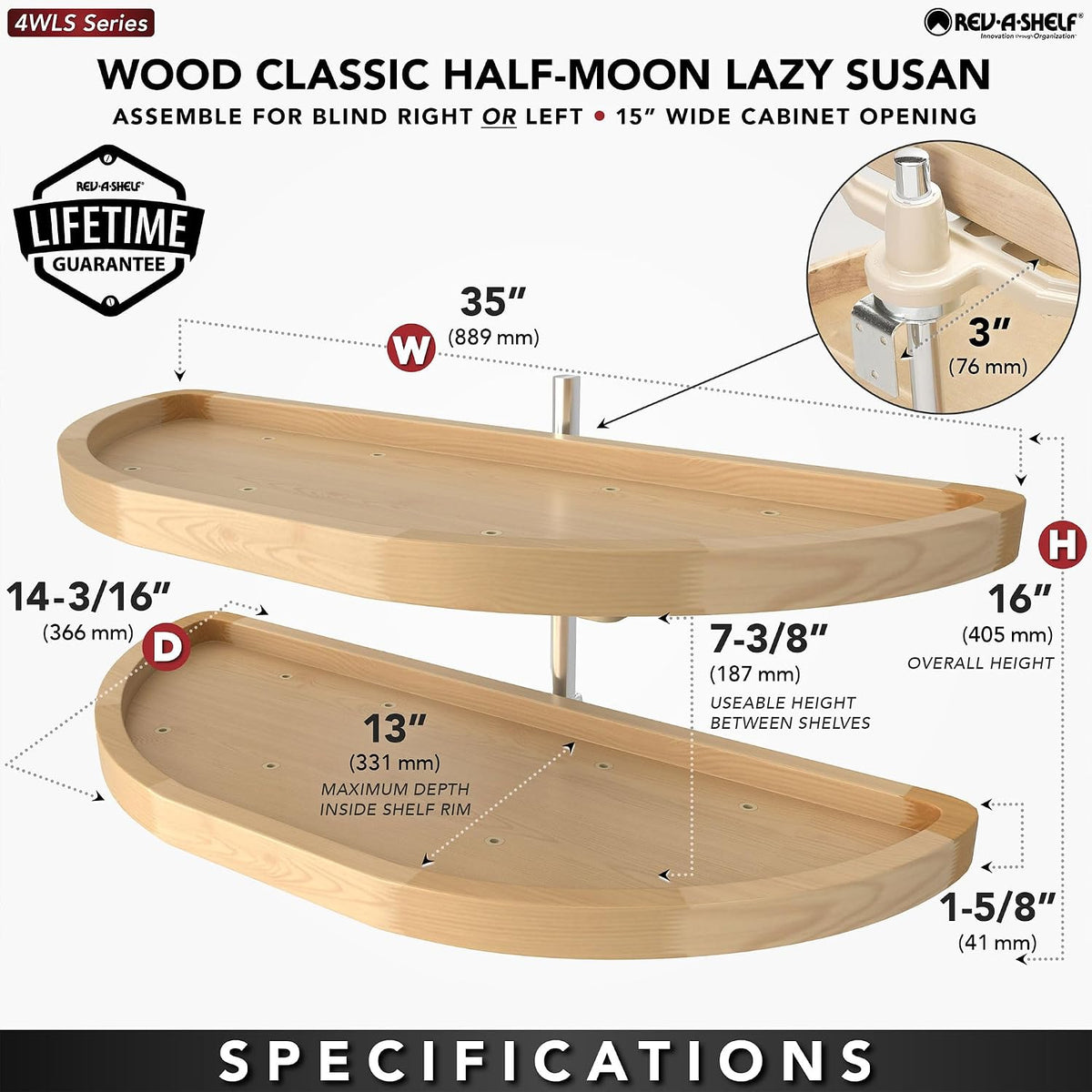 Rev-A-Shelf 35' Dual Shelf Half Moon Lazy Susan Organizer for Diagonal Blind Corner Kitchen Cabinets, Pullout Turntable Trays, Wood, 4WLS882-35-570