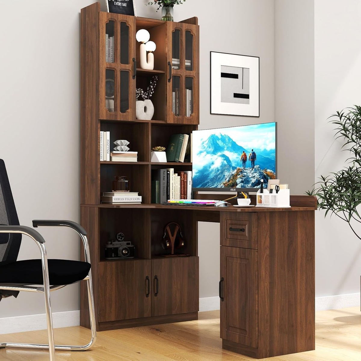 KEIKI Home Office Desks with Hutch, Drawers, Bookshelf, Storage Cabinet & Glass Doors, Modern Wooden Computer Corner Table for Work, Study, Writing