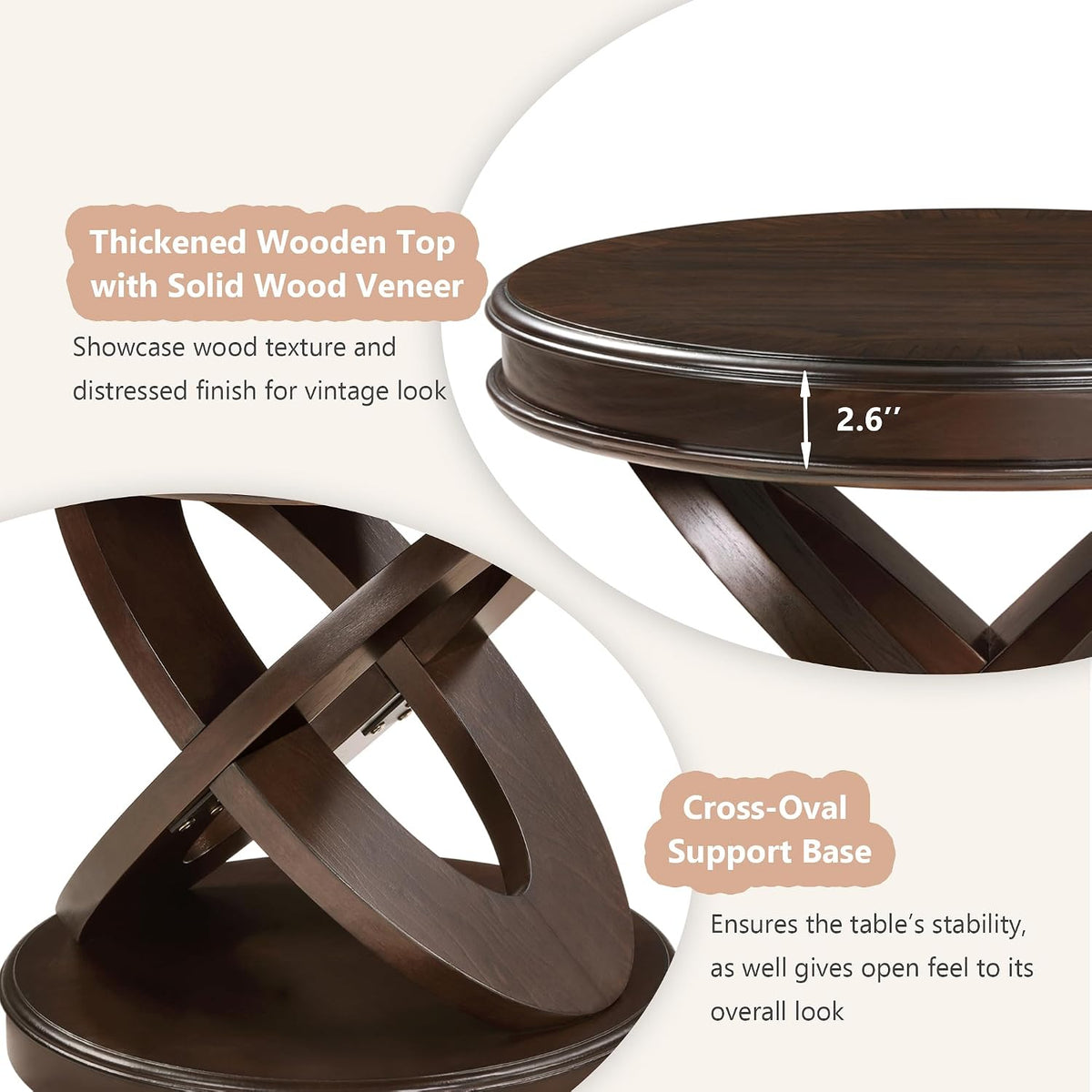 Retro Round End Table 22-Inch Wooden Bedside Sofa Side Table Accent Furniture with X-Shape Base for Living Room Bedroom, Espresso