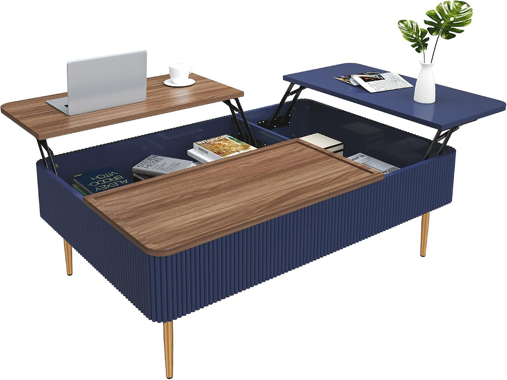 HLR 47' Dual Lift Top Coffee Table with Storage, Modern Wood Fluted Coffee Table with Hidden Compartment,Lift Tabletop Dining Center Table for Living Room, Office, Blue
