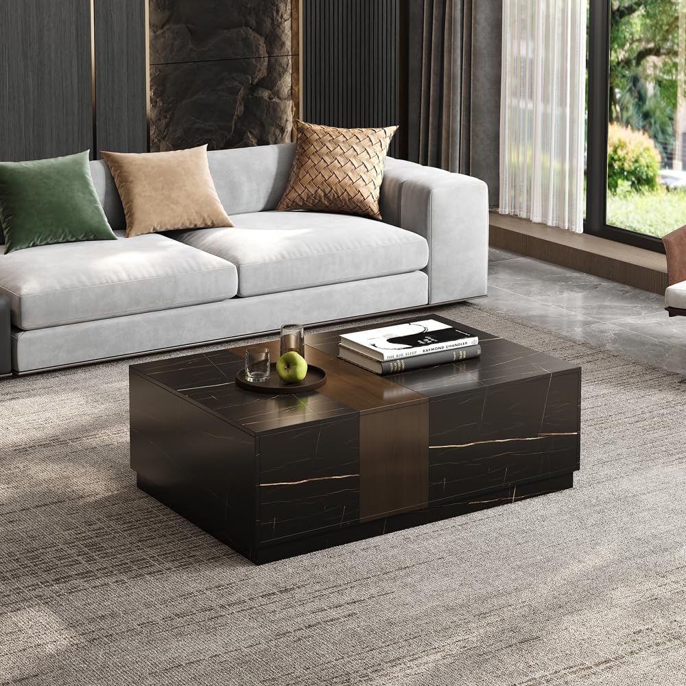 homary Marble & Walnut Coffee Table – Modern Block Design Living Room Center Table with 2 Storage Drawers, White Marble Veneer & Walnut Wood Veneer, Sturdy Base & Smooth Quiet Rails (Black)