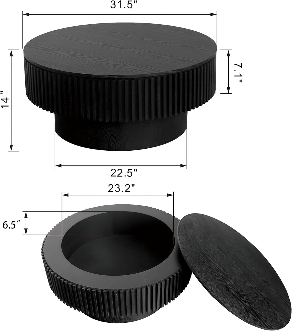 φ31.5 Round Coffee Table with Storage, Wood Veneered Pedestal End Table for Living Room, Modern Contemporary Circle Fluted Drum Side Table for Small Space - ø31.5' x 14'H Black