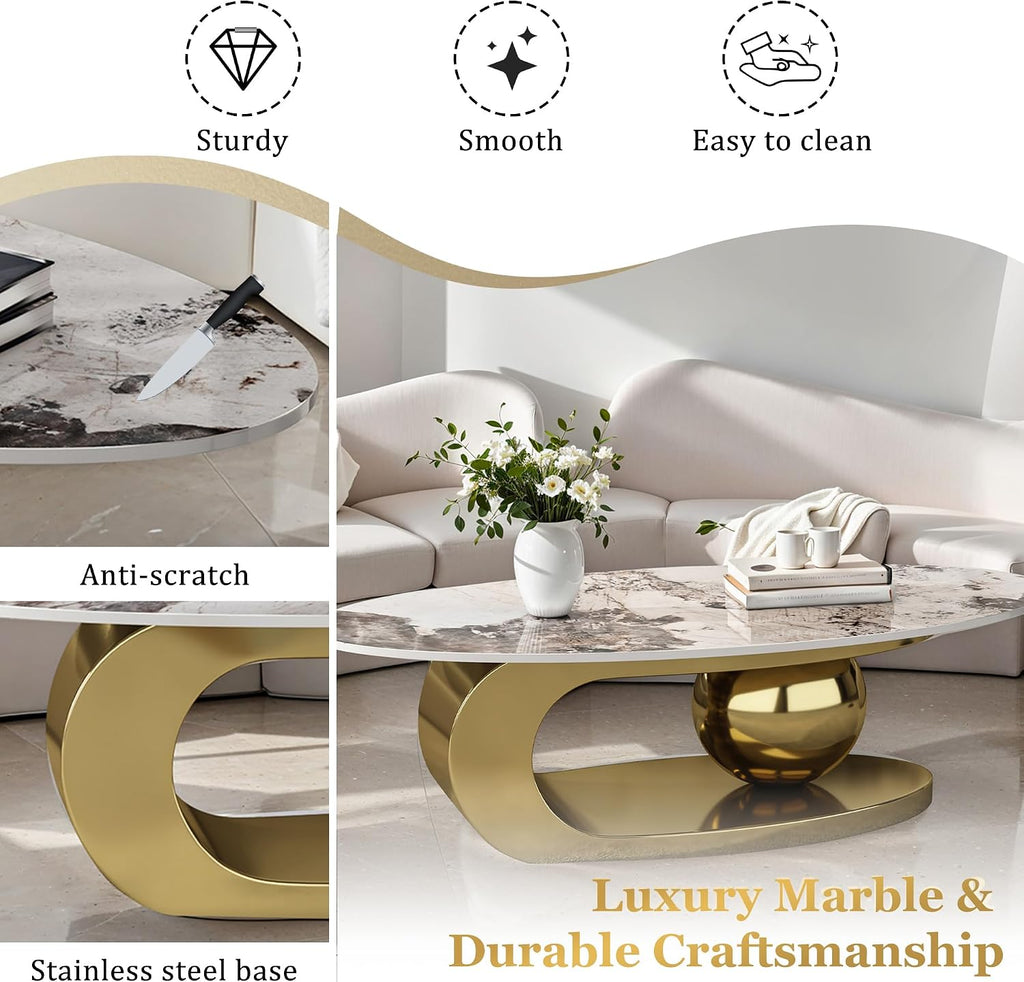 49.2' Oval Stone Coffee Table, Modern Center Tables with Sturdy Metal Base, Faux Marble Coffee Table with Pandora Textured Stone Tabletop, Tables for Living Room, Office, Gold