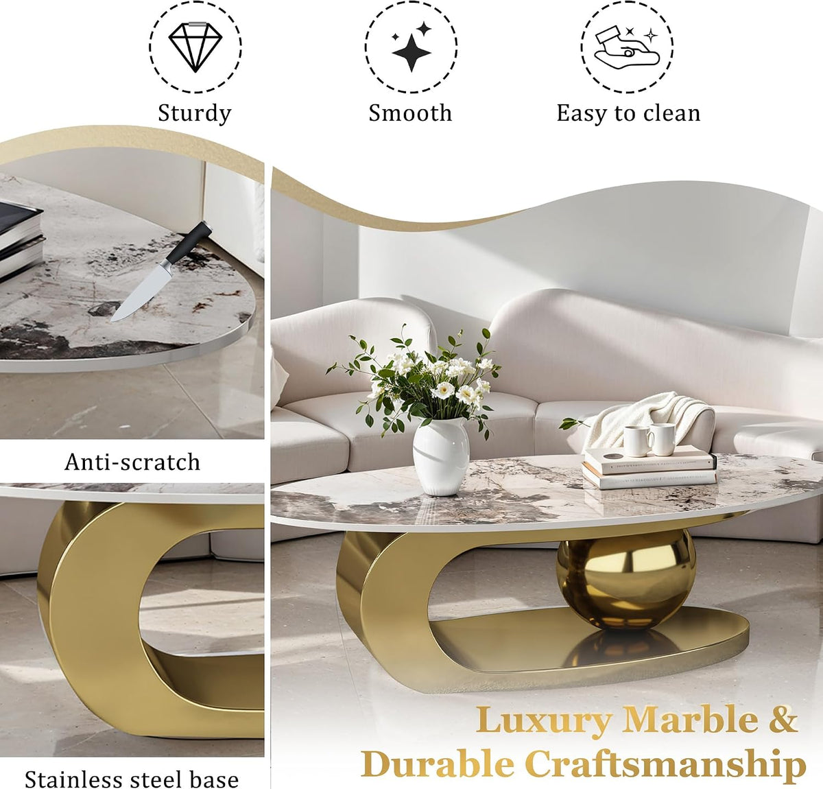 49.2' Oval Stone Coffee Table, Modern Center Tables with Sturdy Metal Base, Faux Marble Coffee Table with Pandora Textured Stone Tabletop, Tables for Living Room, Office, Gold
