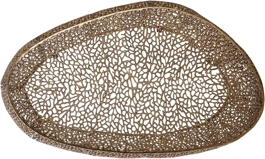 Oval Coffee Table with Iron Hollow Design in Black & Silver & Gold,Drum Tea Central Table for Living Room No Assemble