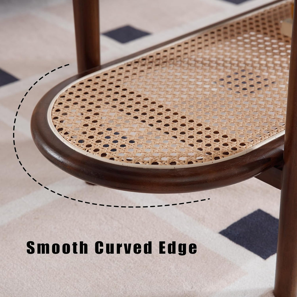 Rattan Wood Mid Century Modern Coffee Table, 39.5' Oval Coffee Table with Cane Wicker Storage Shelf for Living Room, Indoor, Home Décor, Walnut