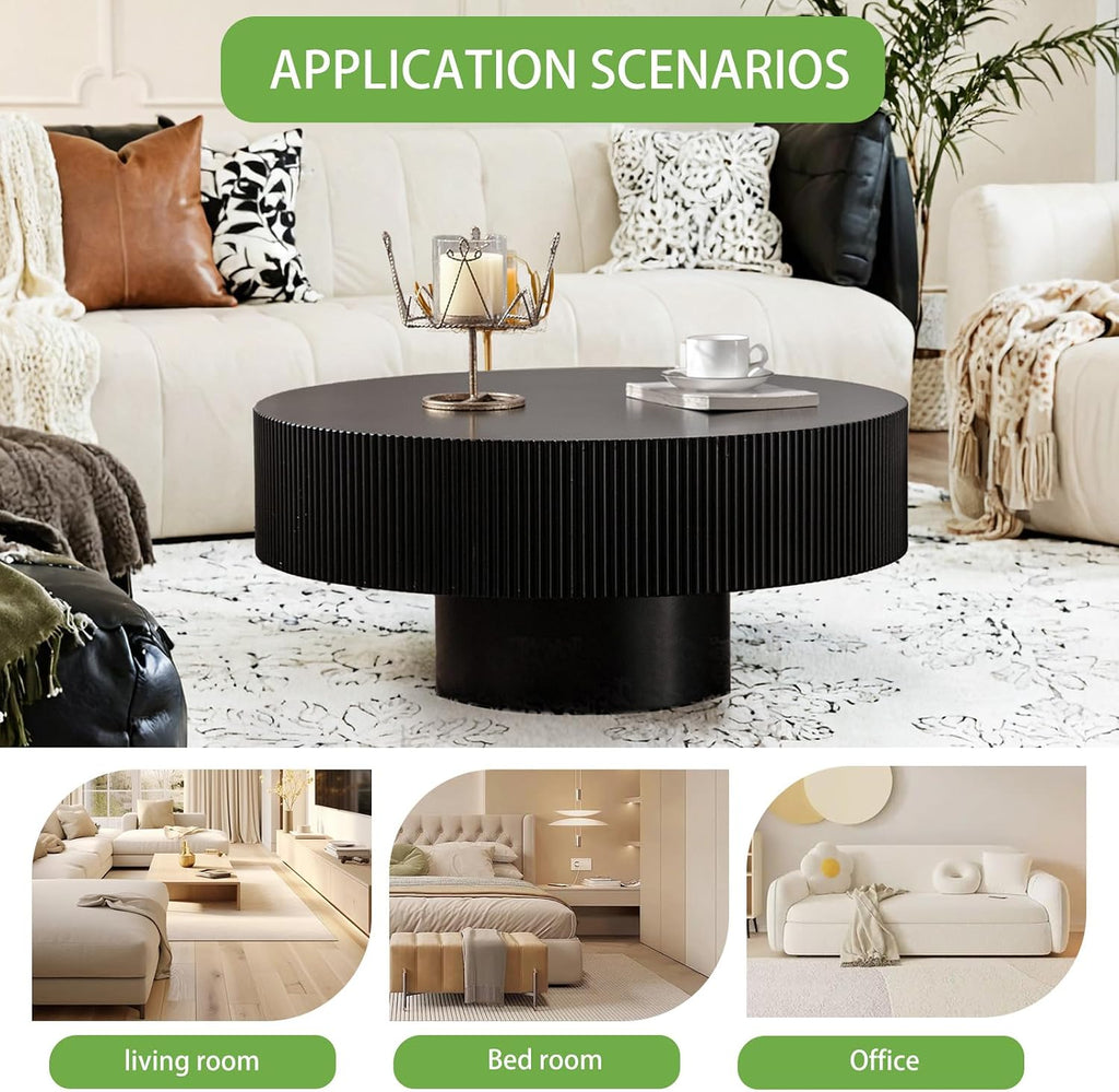 Modern Round Coffee Table for Living Room Drum Round Fluted Coffee Table Circular Pedestal Center Table for Office Patio (Black Thick)