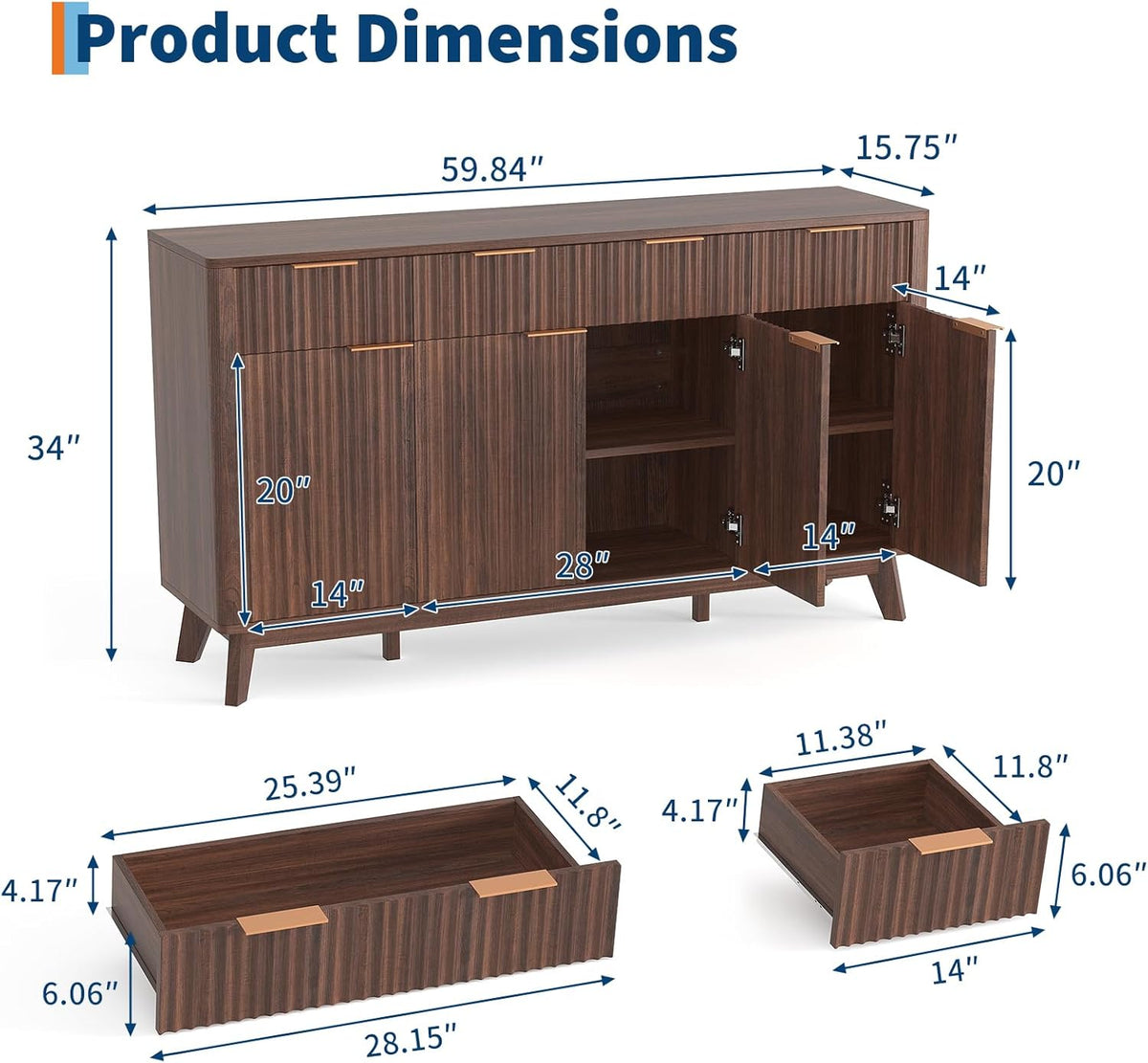 IDEALHOUSE 60' Large Farmhouse Sideboard Buffet Cabinet with Storage Drawers & Adjustable Shelves, Wood Fluted Buffet Storage Cabinet & Coffee Bar Console Table for Living Room & Kitchen Dining Room