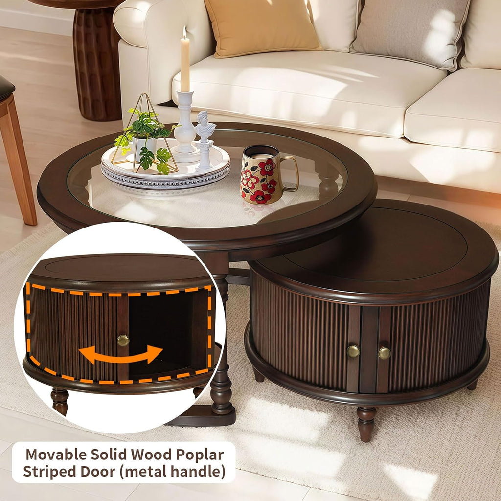 31.5' Nesting Coffee Table Set of 2, Modern Round Center End Side Table for Living Room with Storage Drawer, Dark Brown