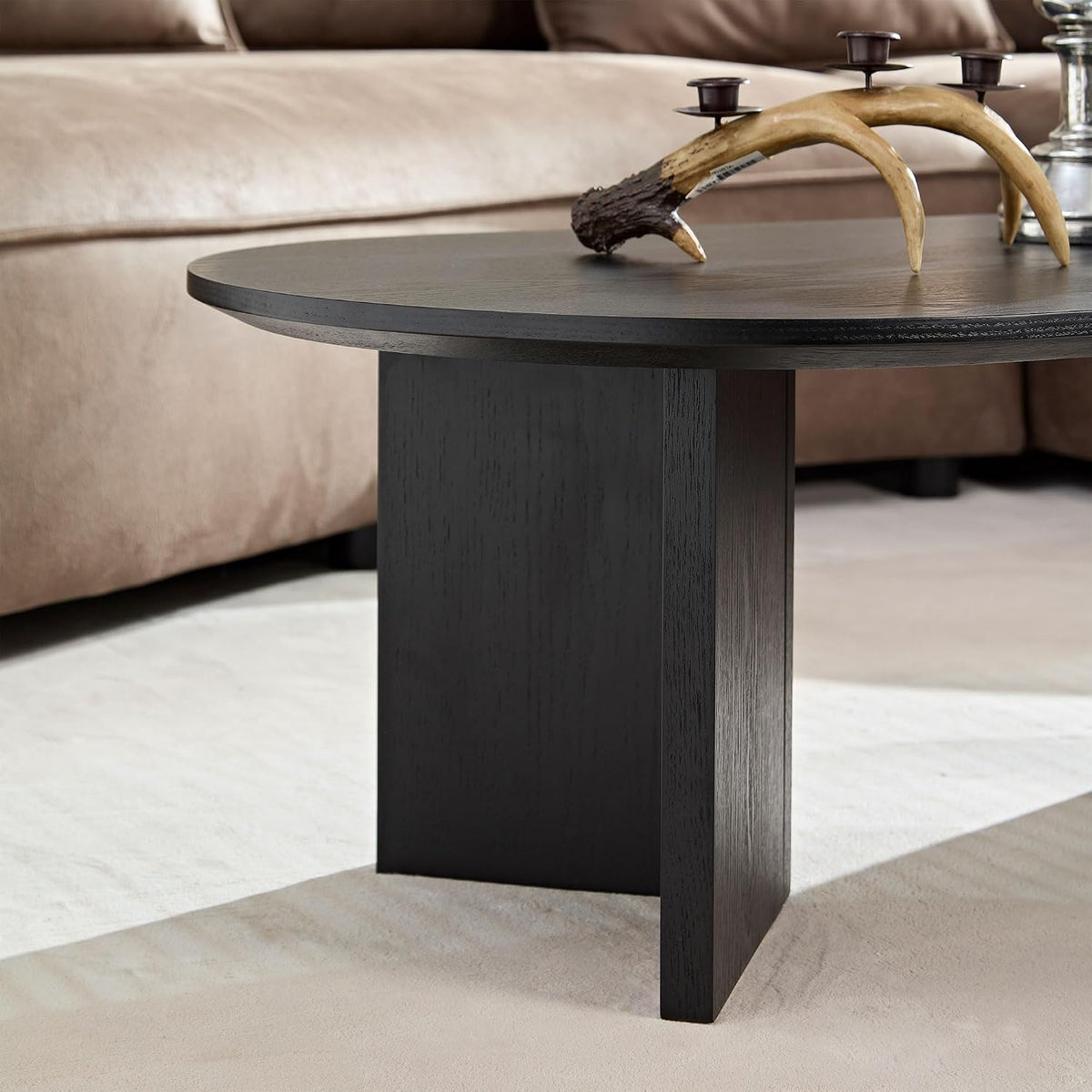 JUSTONE 39.37'' Oval Coffee Table, Farmhouse Wood Coffee Table for Living Room, Contemporary Minimalist Handcraft Coffee Table with Strong Legs, Easy Assembly (Black)