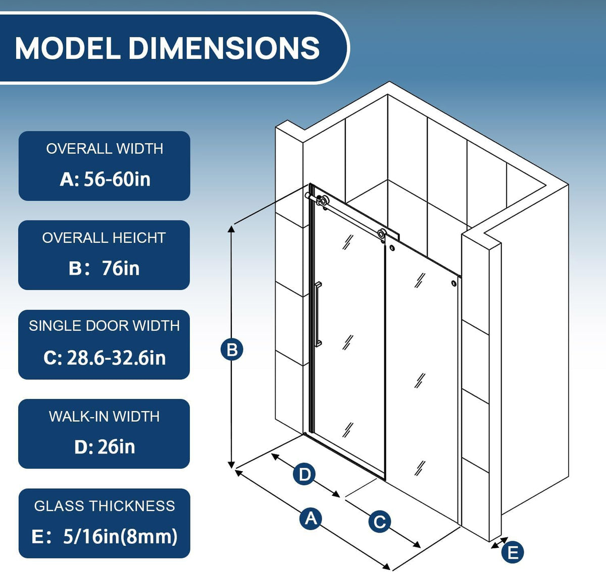 Shower Door 56-60' W x 76' H, Single Sliding Design Frameless Glass Shower Door, 5/16'(8mm) SGCC Tempered Glass Bathroom Sliding Door, Matte Black Finish, 304 Stainless Steel Hardware
