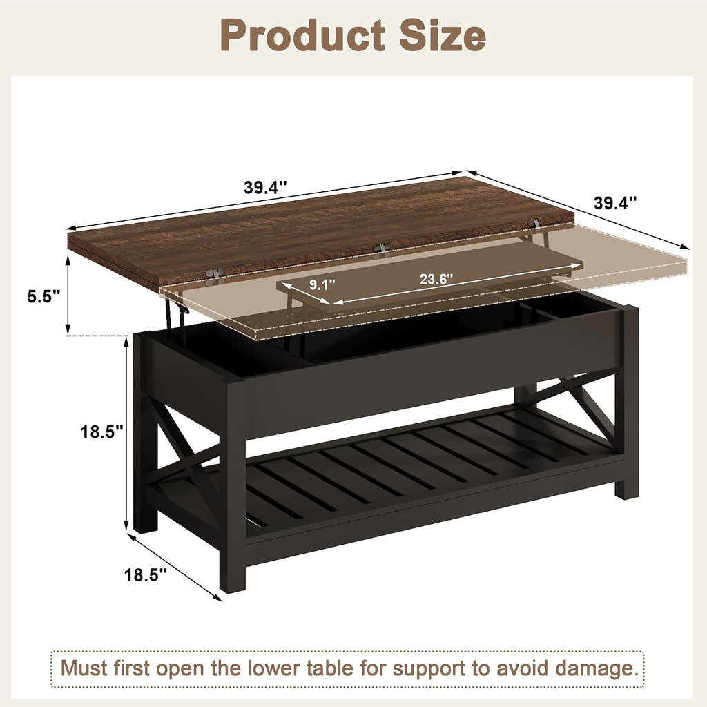 ChooChoo Coffee Table Lift Top, Multi-Function Convertible Coffee Tables with Storage and Hidden Compartment, Coffee Table Converts to Dining Table for Living Room, 40 Black & Espresso