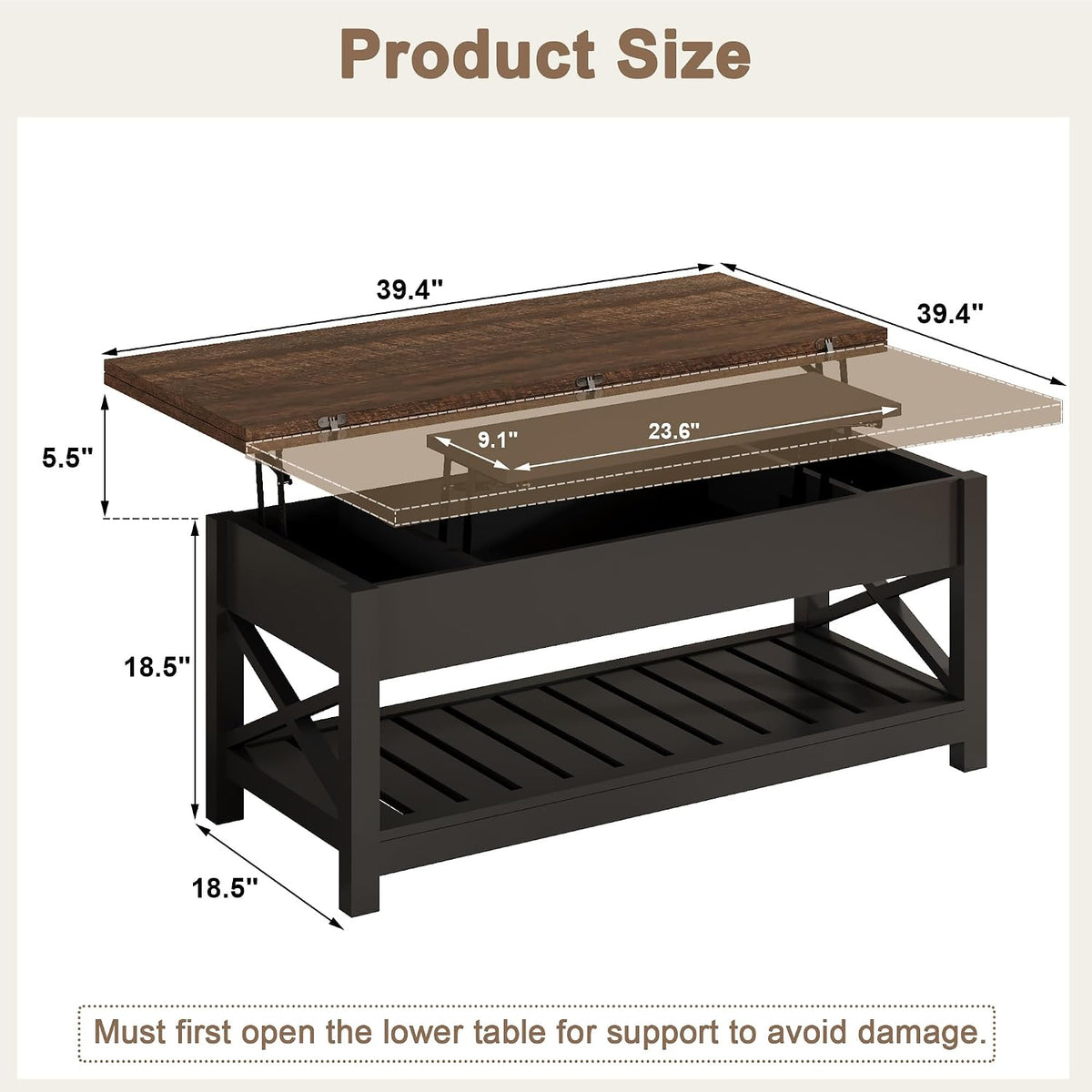 ChooChoo Coffee Table Lift Top, Multi-Function Convertible Coffee Tables with Storage and Hidden Compartment, Coffee Table Converts to Dining Table for Living Room, 40 Black & Espresso