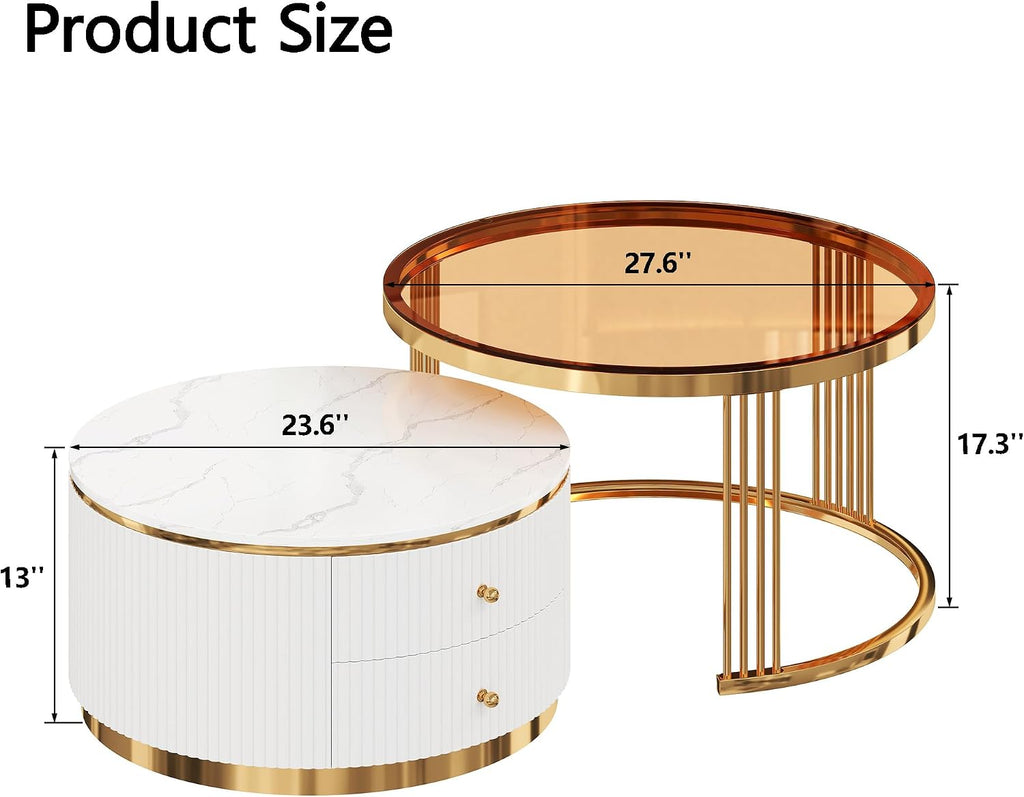 27.6' Brown Nesting Coffee Table Set of 2, Modern Round White Coffee Table for Living Room with Storage Drawer Marble Tabletop End Side Table for Bedroom