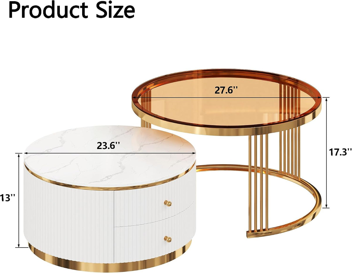 27.6' Brown Nesting Coffee Table Set of 2, Modern Round White Coffee Table for Living Room with Storage Drawer Marble Tabletop End Side Table for Bedroom