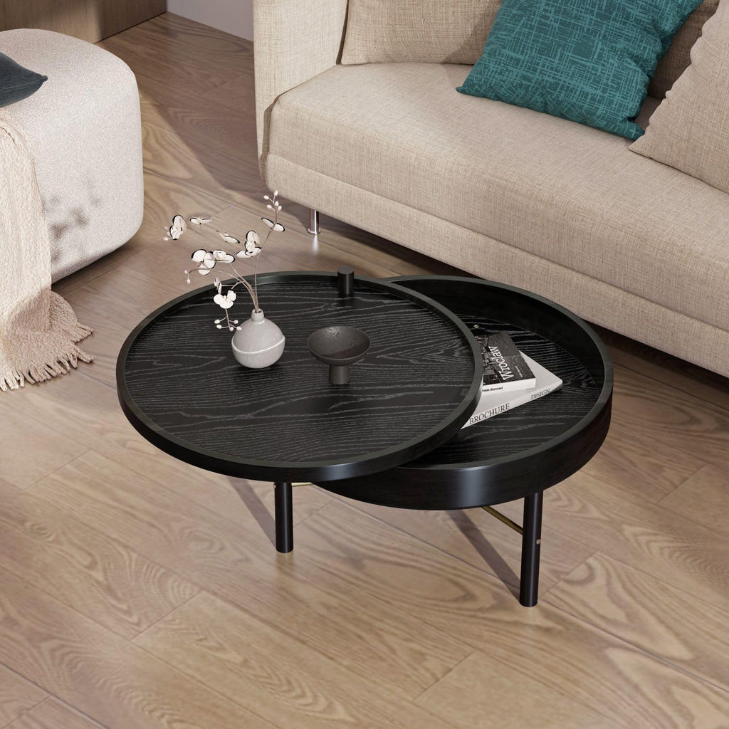 KEVINSPACE 24 Round Wood Coffee Table for Living Room with Storage Space - Rustic Modern Cocktail Table with Rotating Tray, Vintage Farmhouse Black