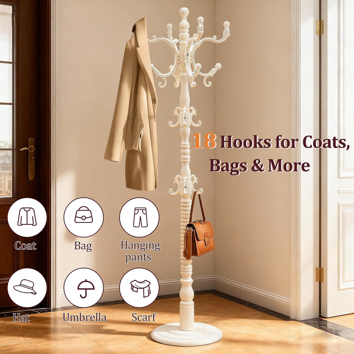 Wooden Vintage Coat Rack Freestanding,Coat Rack Stand With 18 Hooks And Sturdy Round Solid Wood Base，Three-level Adjustable for Bedroom, Living Room, Entrance and Office(Retro White, 1 PCS)