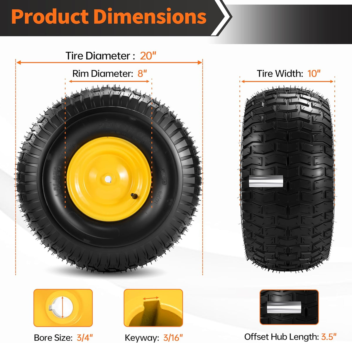 2 PCS 20x10.00-8 Tubeless Lawn Mower Tire and Wheel, 3/4' Borehole, 3/16' Keyway, 3.5' Offset Hub, 10' wide tires, 4 Ply, Replacement for 20x10-8 Tire Riding Lawn Mower Tractor Rear Tire and Wheel
