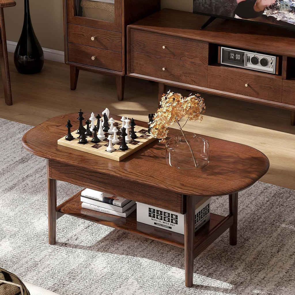 100% Solid Oak Wood Coffee Table for Living Room, 2-Tier Mid Century Modern Living Room Table with 2 Drawers & Open Shelf, Coffee Table with Rounded Corner for Home (Oak Walnut Finish, 39.37'' W)