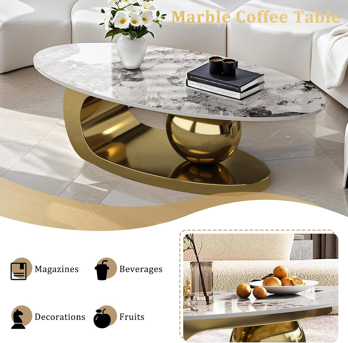 49.2' Oval Stone Coffee Table, Modern Center Tables with Sturdy Metal Base, Faux Marble Coffee Table with Pandora Textured Stone Tabletop, Tables for Living Room, Office, Gold