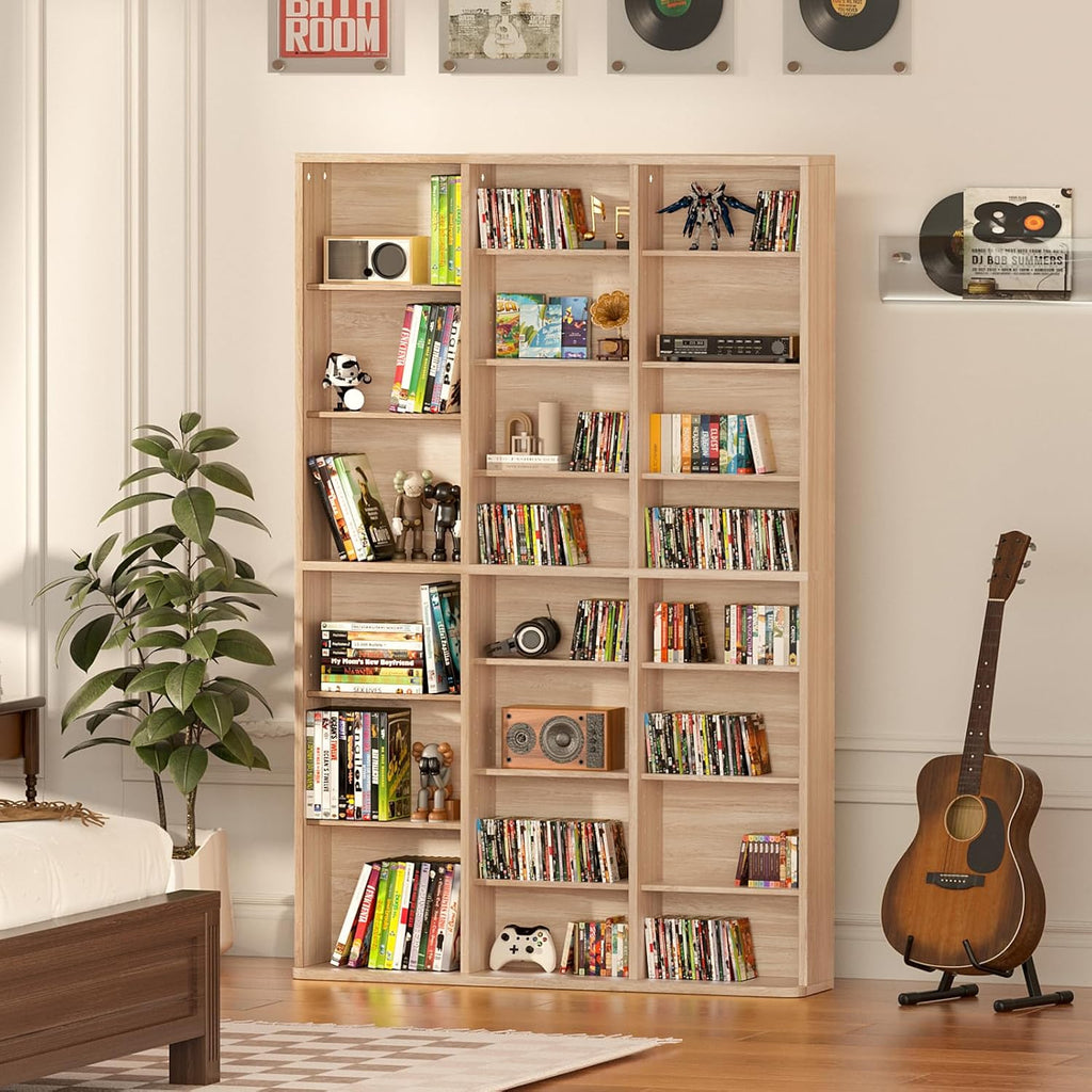 8 Tier Tall Display Cabinet, Natural Media Storage Cabinet with Adjustable Shelves, Free Standing DVD Organizer Shelf, Floor multimedia storage manga bookshelf for Living Room & Home Office.