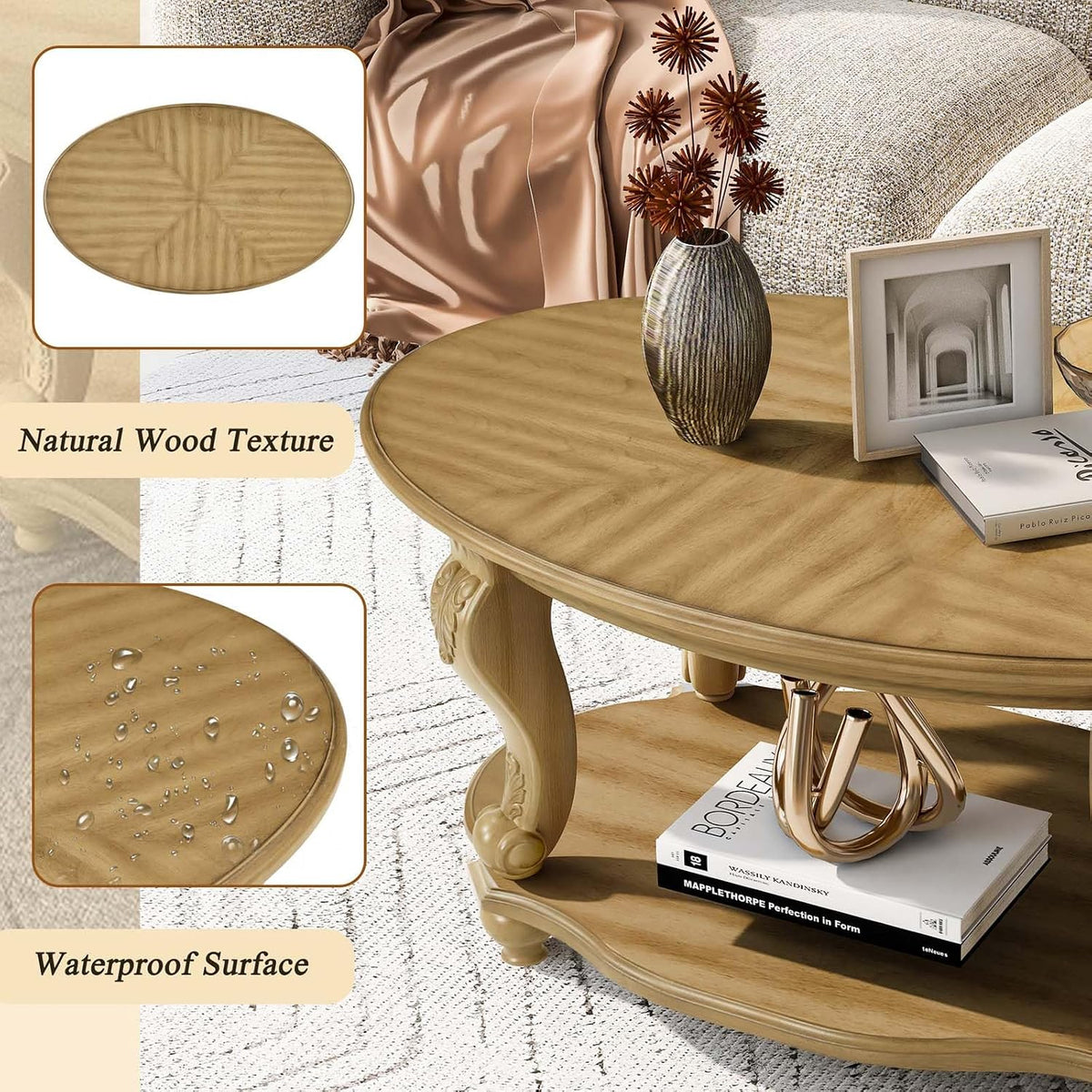 Oval Wood Coffee Table for Living Room, 2-Tier Solid Wood Coffee Table with Open Storage Shelf, Traditional Retro Center Table for Office (42' W x 26' D x 20.5' H, Natural)