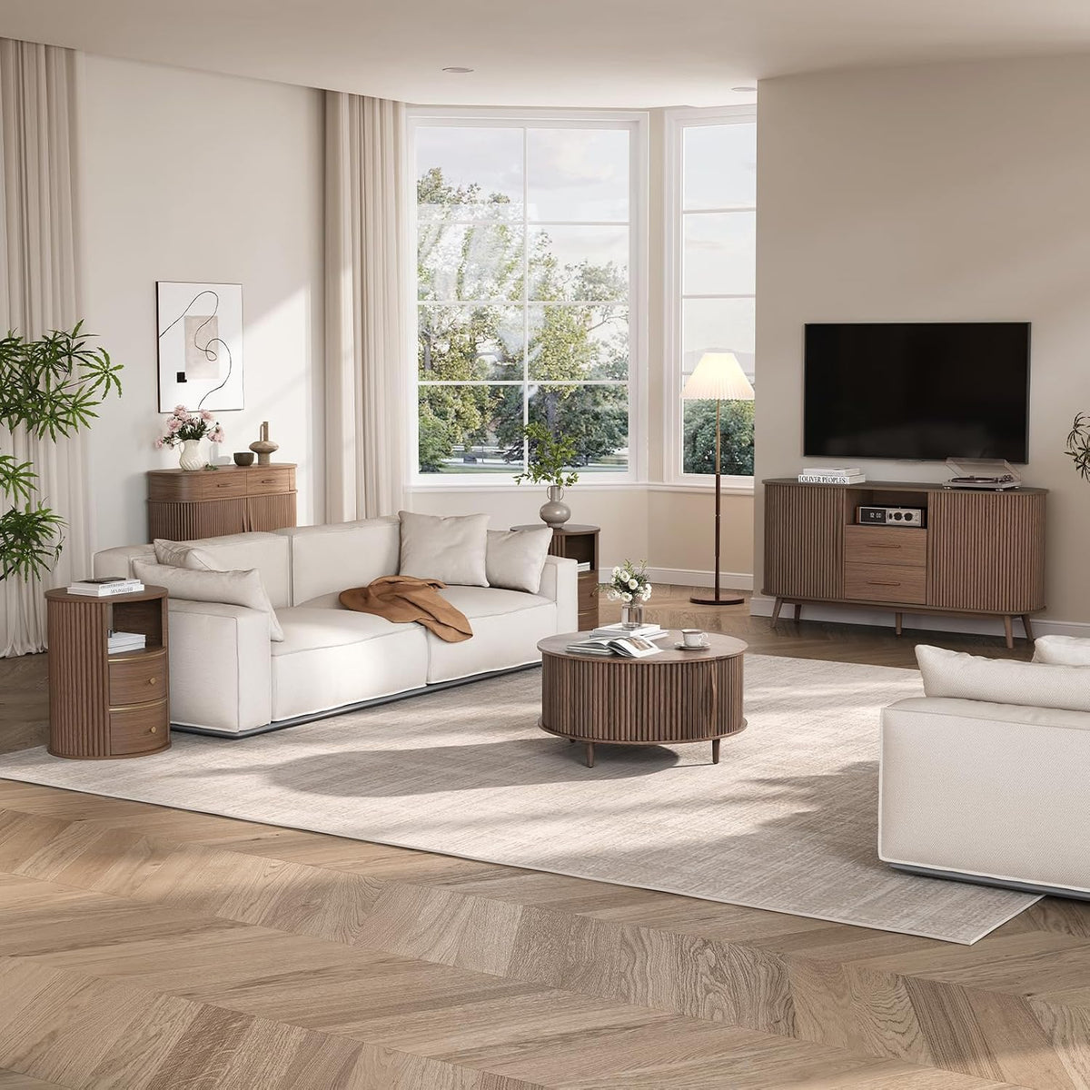 SULIVES Round Coffee Table with Storage,Mid Century Modern Coffee Table with Sliding Door,Fluted Center Table with Solid Wood Legs,Small Coffee Table for Living Room,Walnut
