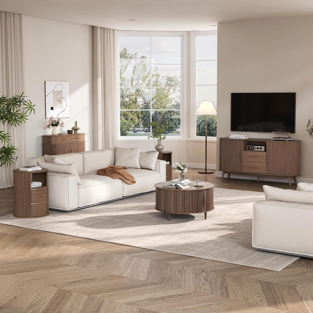 JOINICE Round Coffee Table with Storage, 31.5' Walnut Wood Drum Table, Fluted Circle Center Table for Living Room, Modern Mid Century Furniture with Sliding Door