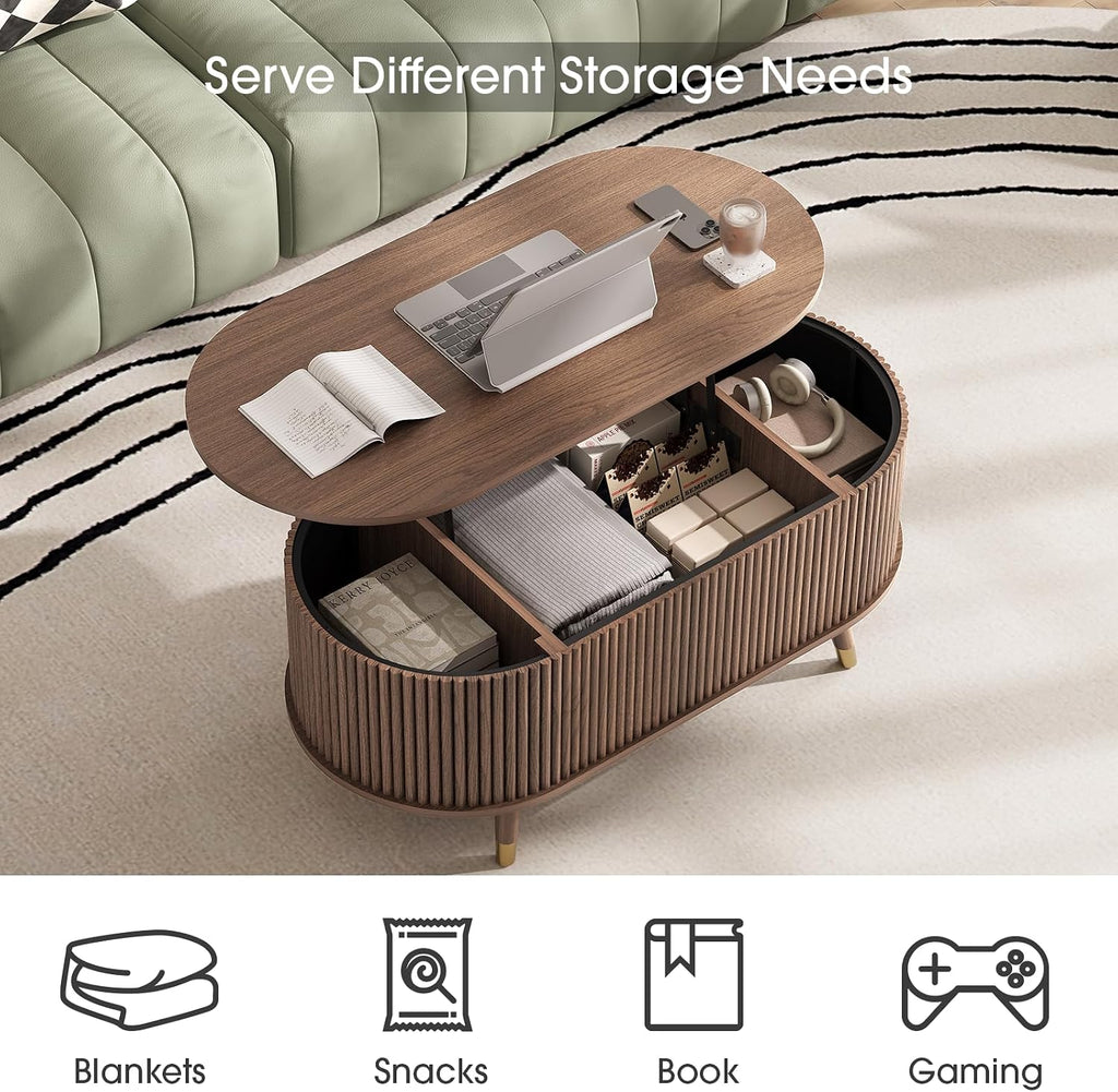 Jiansu furni Lift Top Coffee Table with Storage,42.5' Oval Coffee Table with Hidden Compartment & Solid Wood Legs,Modern Fluted Center Table for Living Room,Home Office,Walnut