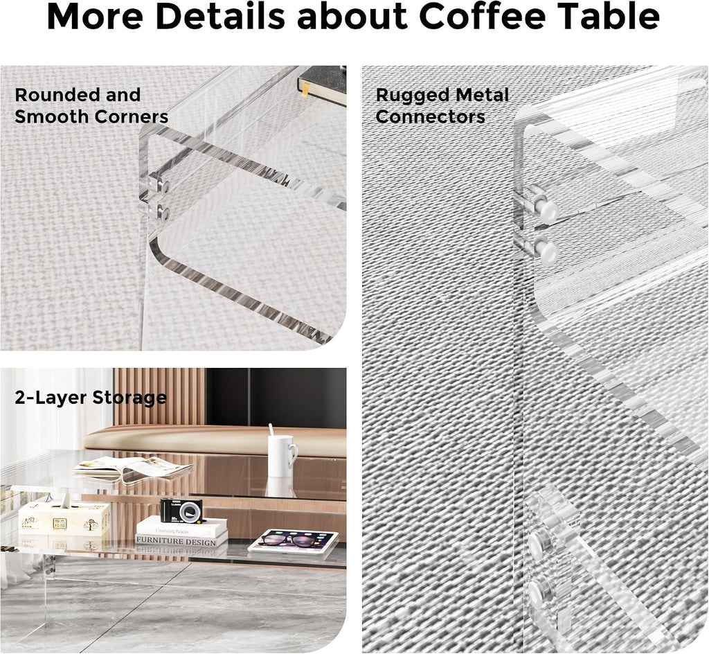 2-Tier Premium Acrylic Coffee Table, 31.5' D x 19.7' W x 15' H x 3/5'' Thick Clear Acrylic Coffee Table with Open Storage Shelf, Modern Clear Rectangle Coffee Table for Living Room, Office and Bedroom