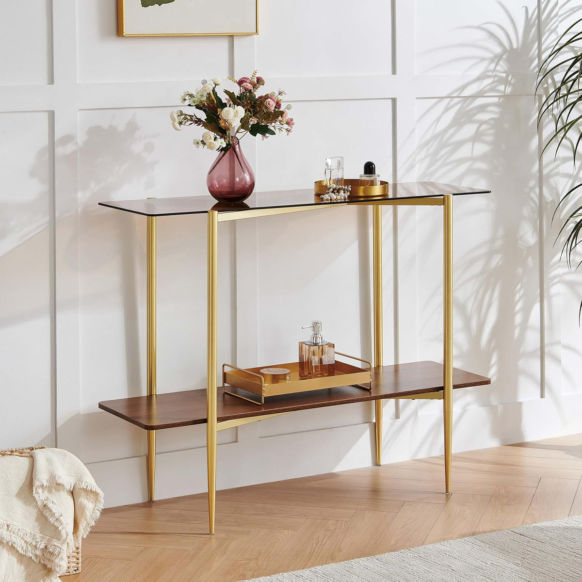 Rectangle Glass Console Table, Mid-Century Modern Design, L41*W14*H32 inch, for Living Room, Amber Glass Top and Walnut Finish Wood Shelf, Conical Metal Legs with Gold Finish