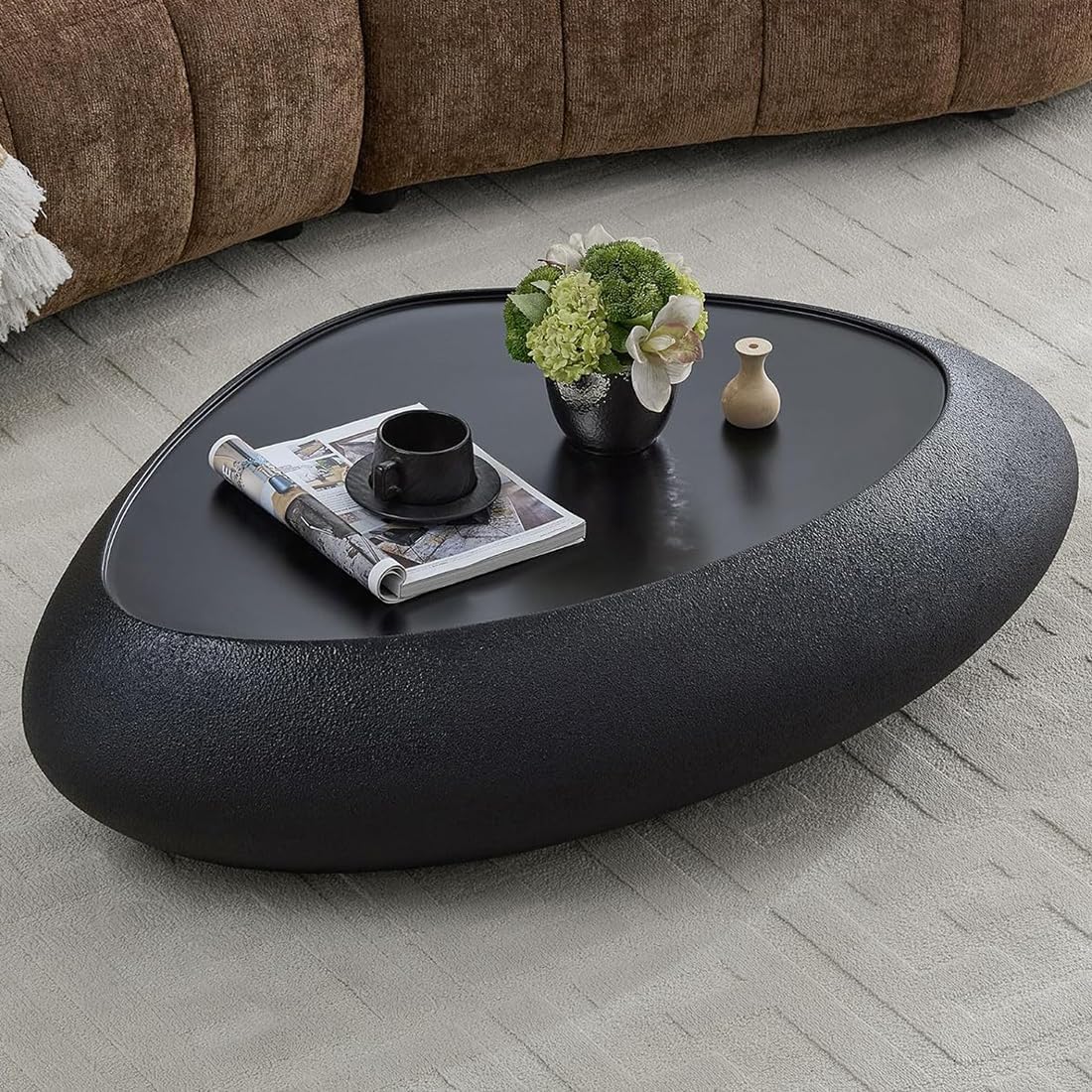 47' Modern Coffee Table Unique Rock Coffee Table Faux Stone Center Tables Round Edge Design Fiberglass Oval Accent Tables for Living Room Office Apartment No Assembly Required Black