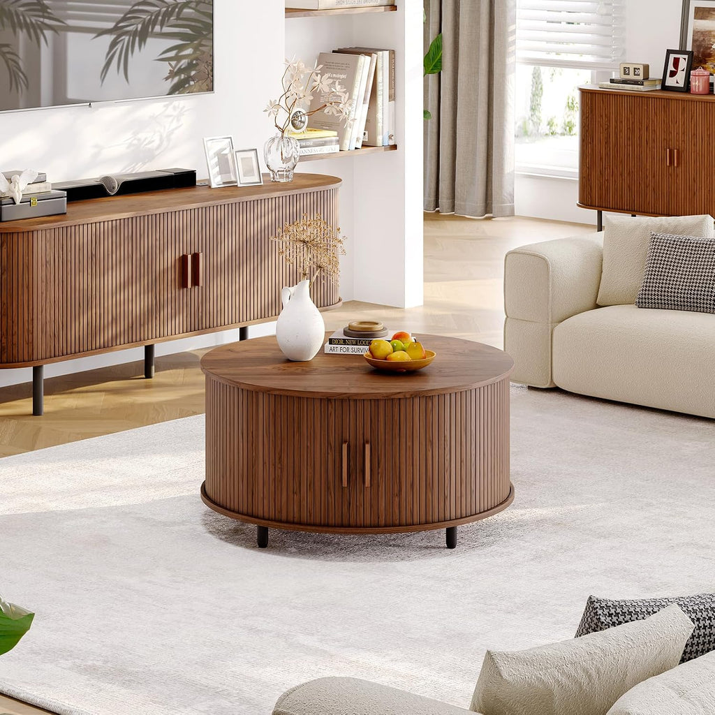 ONBRILL Round Coffee Table with Storage, 31.5' Modern Coffee Table with 360° Curved Sliding Door, Fluted Wood Accent Coffee Table with Adjustable Footpads, Round Center Table for Living Room, Walnut