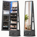 Vlsrka Mirror Jewelry Cabinet Standing, 360° Swivel Jewelry Armoire with Full Length Mirror, Lockable Mirror with Jewelry Storage, 3-Color LED Lights, Foldable Makeup Shelf, Grey