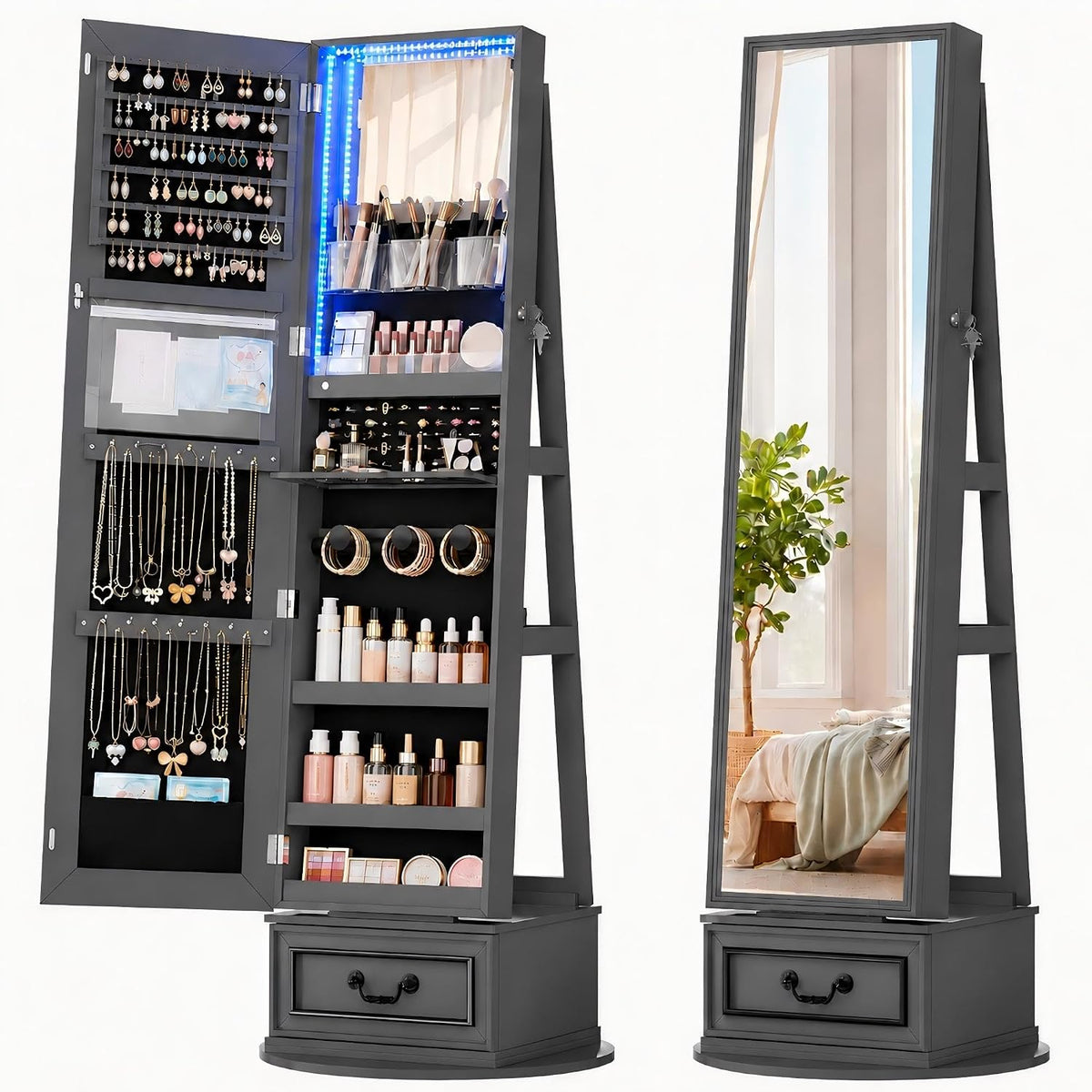 Vlsrka Mirror Jewelry Cabinet Standing, 360° Swivel Jewelry Armoire with Full Length Mirror, Lockable Mirror with Jewelry Storage, 3-Color LED Lights, Foldable Makeup Shelf, Grey