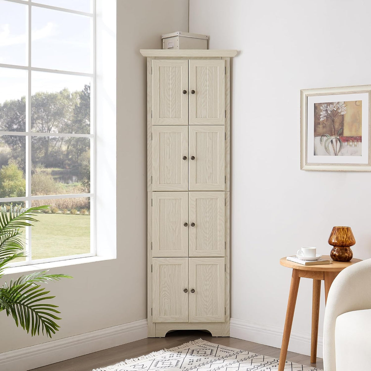 72' H Farmhouse Corner Storage Cabinet with 8 Doors & 4 Shelves, 4 Tier Kitchen Corner Pantry Cabinet Wooden Organizer Case Bookshelf, Home Space Saver Cabinet for Kitchen,Living Room(White)