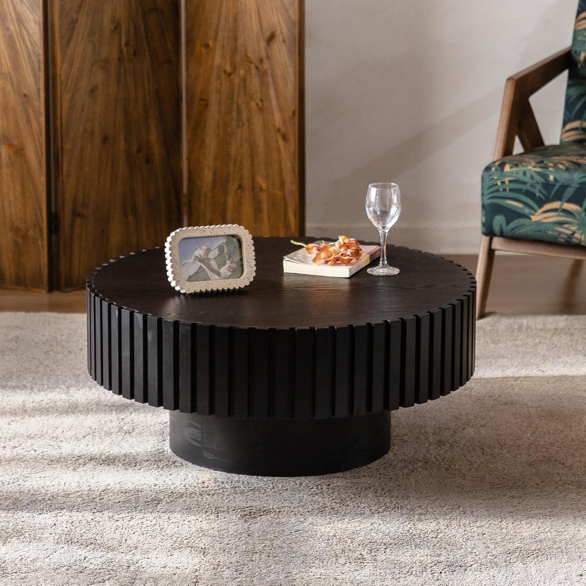 Round Drum Coffee Table 31.5'' Handcraft Fluted Coffee Table Modern Unique Circle Accent Center Table for Living Room with Sturdy Pedestal Gear Easy Assembly for Small Space,31' Round Black
