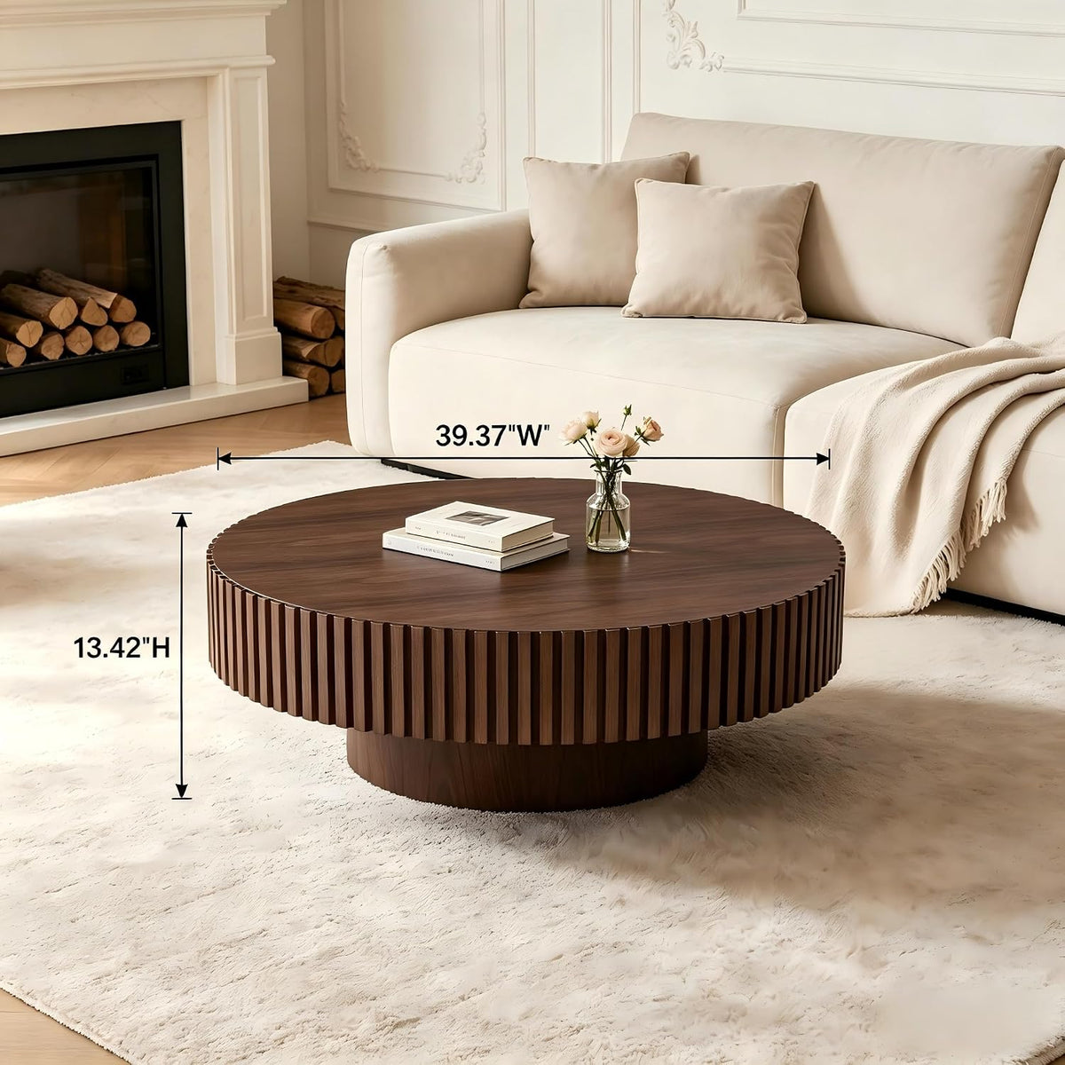 KEVINSPACE Round Coffee Table, 39' Big Wooden Fluted Coffee Table with Fluted Base, Circle Accent Center Table for Living Room Apartment Office Small Space, Easy Assembly, Walnut