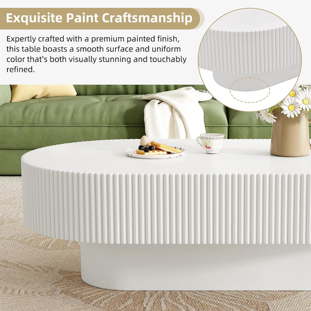 43.3' Oval Fluted Coffee Table with Thick Tabletop, Modern Wood Center Table with Sturdy Base for Living Room, Easy Assembly (White)