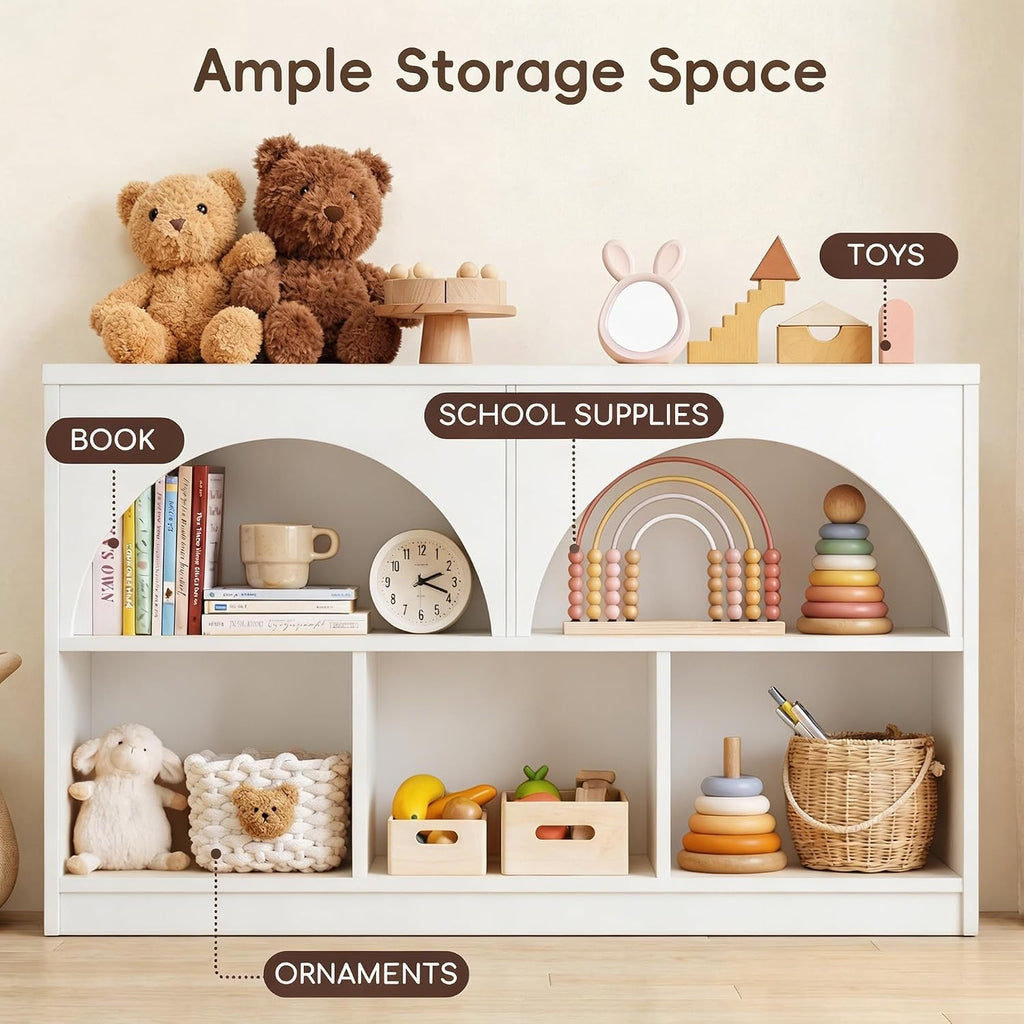 Fatmok 4 Pack Montessori Bookshelf, Modern Arched Wooden Toy Organizer, 5-Section Storage Shelf with Curved Edge, Decorative Furniture for Kids Room Play Area Nursery Kindergarten, White