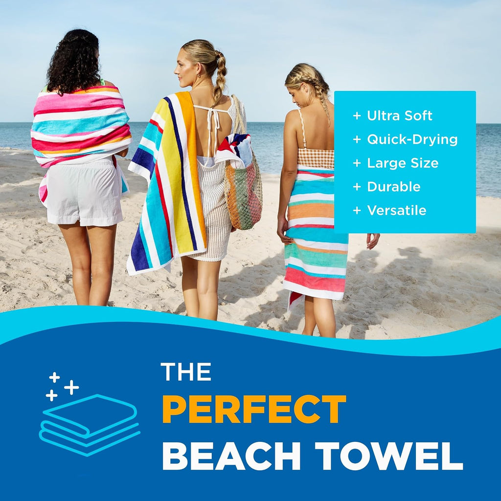 Kaufman - Joey Velour Colored Classic Multi-Color Stripe Beach & Pool Towel - Large 100% Combed Cotton Beach Towel - Soft & Absorbent Colorful Towels - 32' x 62' - 24 Pack