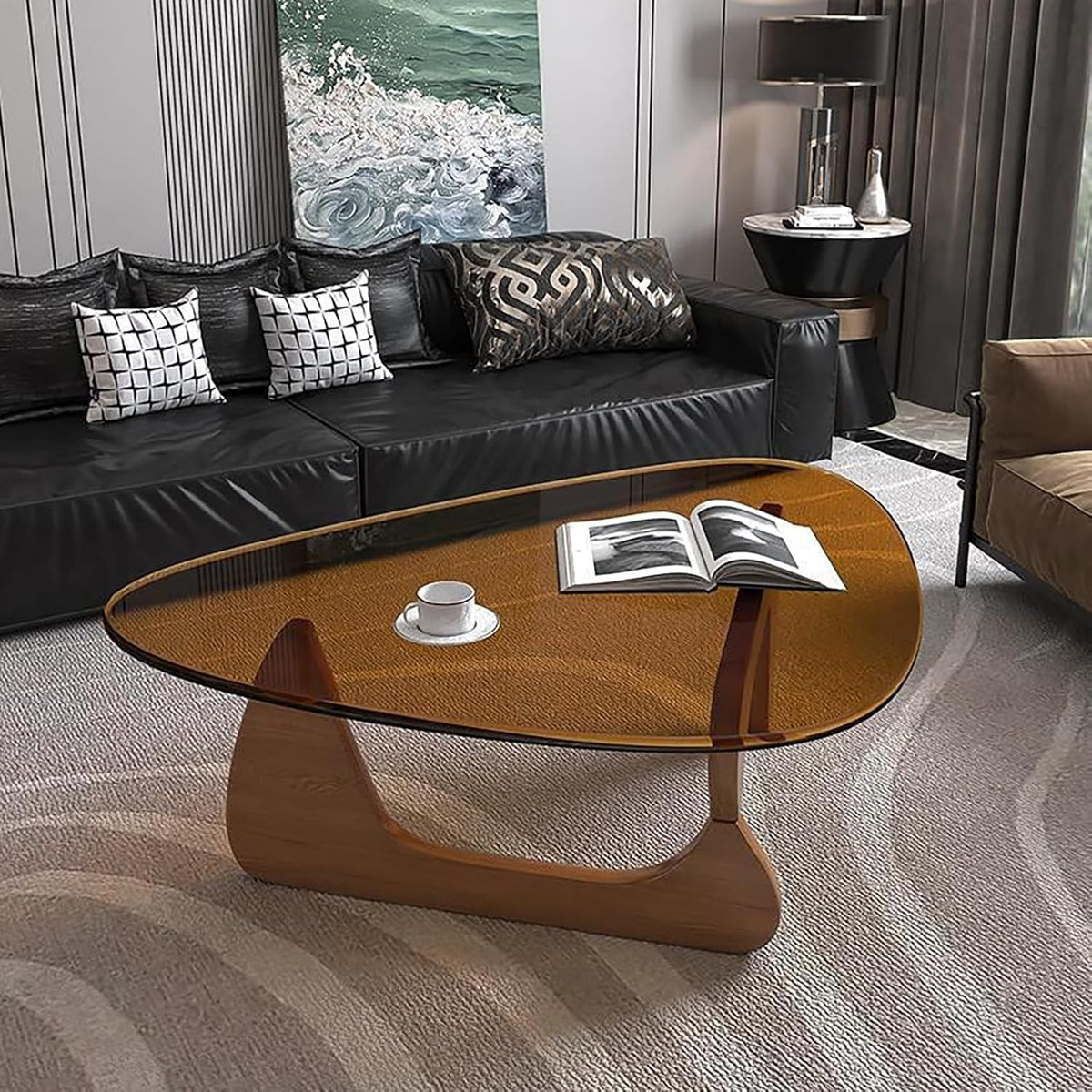 Modern Glass Coffee Table for Living Room, Mid Century Coffee Table, Small Coffee Tables, Suitable for Bedroom Living Room Reception Office Tables (Walnut/Brown, Medium 35.8 * 25.5 * 16in)